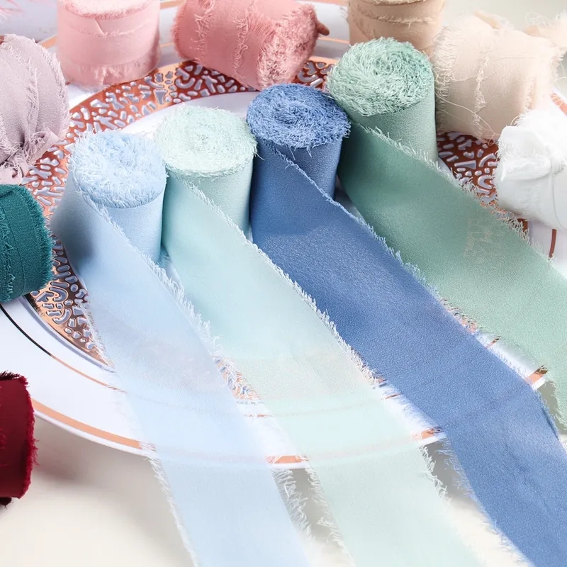 4CM * 5M Nastro di seta chiffon antirughe con bordi sfilacciati fatti a mano per invito a nozze Decorazione da avvolgimento Bouquet da sposa artigianale con frange trasparenti