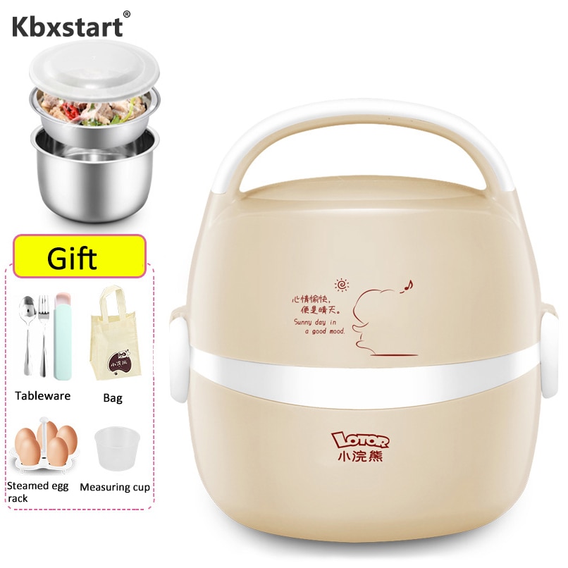 Kbxstart Multi-function Portable Mini Electric Lunch Box Stainless Steel Liner Rice Cooker Food Steamer Cooking Container 220V