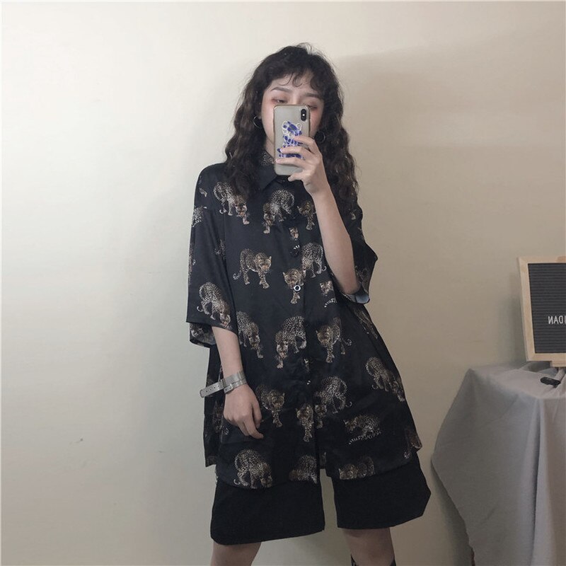 Vintage leopard bluse kvinder harajuku dyreprint skjorte sommer damer løs blusa streetwear camisas mujer