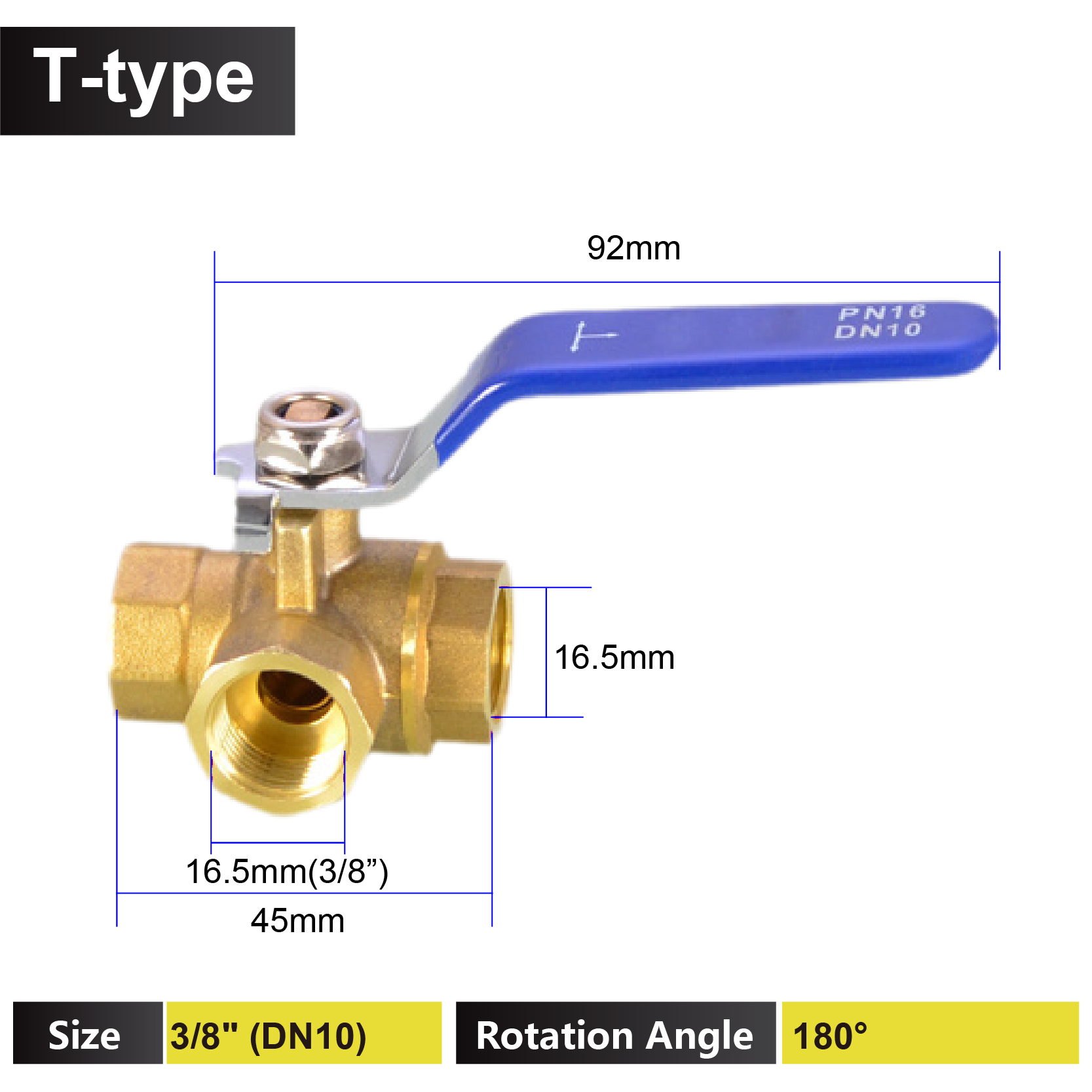 1/4 3/8 1/2 3/4 1 tomme messing 3- vejs ventil t-type l-type indvendig gevind kugleventil afspærring til vand, gas, hvac og vvs: Rød