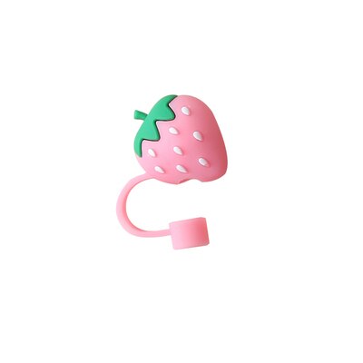 Bouchon de paille en Silicone, capuchon anti-poussière, tasse à boire réutilisable, accessoires de paille en verre, bouchon de dessin animé, couvercle de tête d'aspiration, mignon universel: Pink strawberry