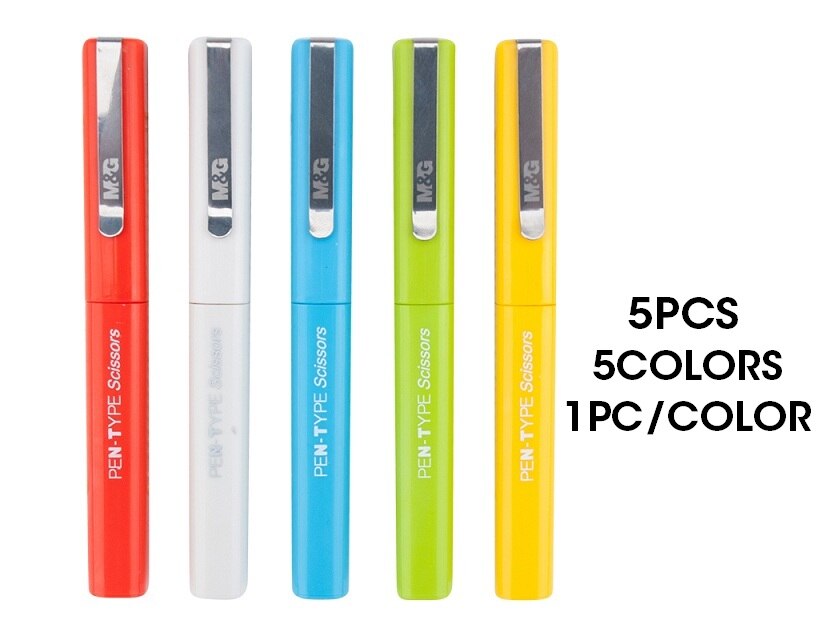 M&G Mini Pen Shape Scissors Craft Kids School Folding Safety Portable Paper Cute Scissors with Clip scissor stationery office: 5pcs set (5 Colors)