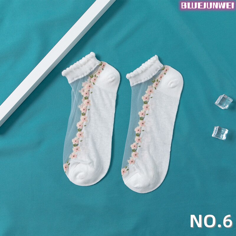 5 paires de chaussettes pour femmes, été, motif floral, chaussettes en soie, cristal, douces, en coton, respirantes, à la cheville: 6