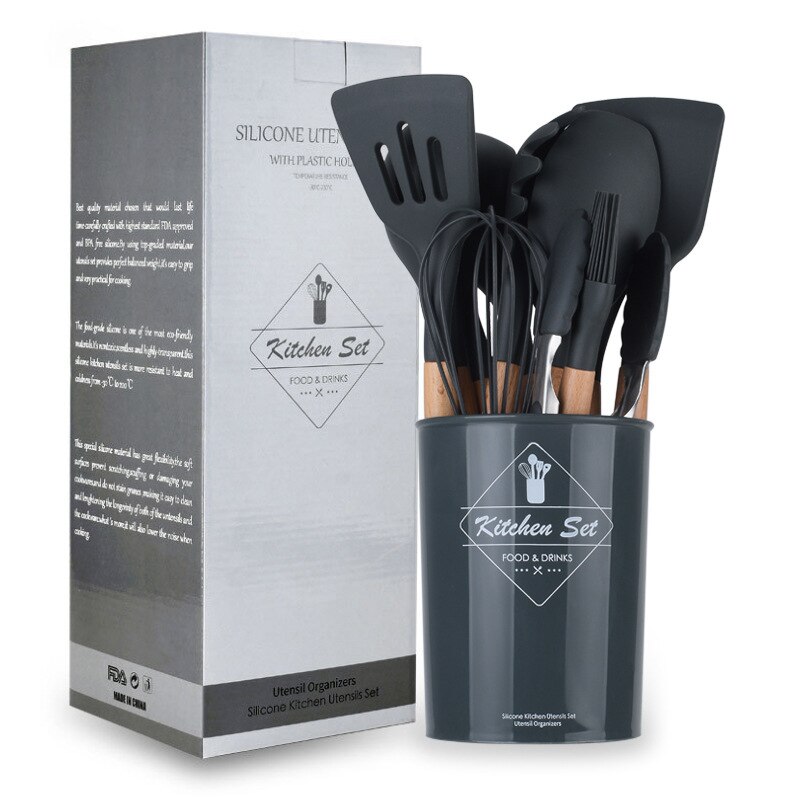 Køkkensæt premium silikone køkkenredskaber 10- stykke køkkenredskaber sæt med bambus træ håndtag til nonstick køkkengrej værktøj