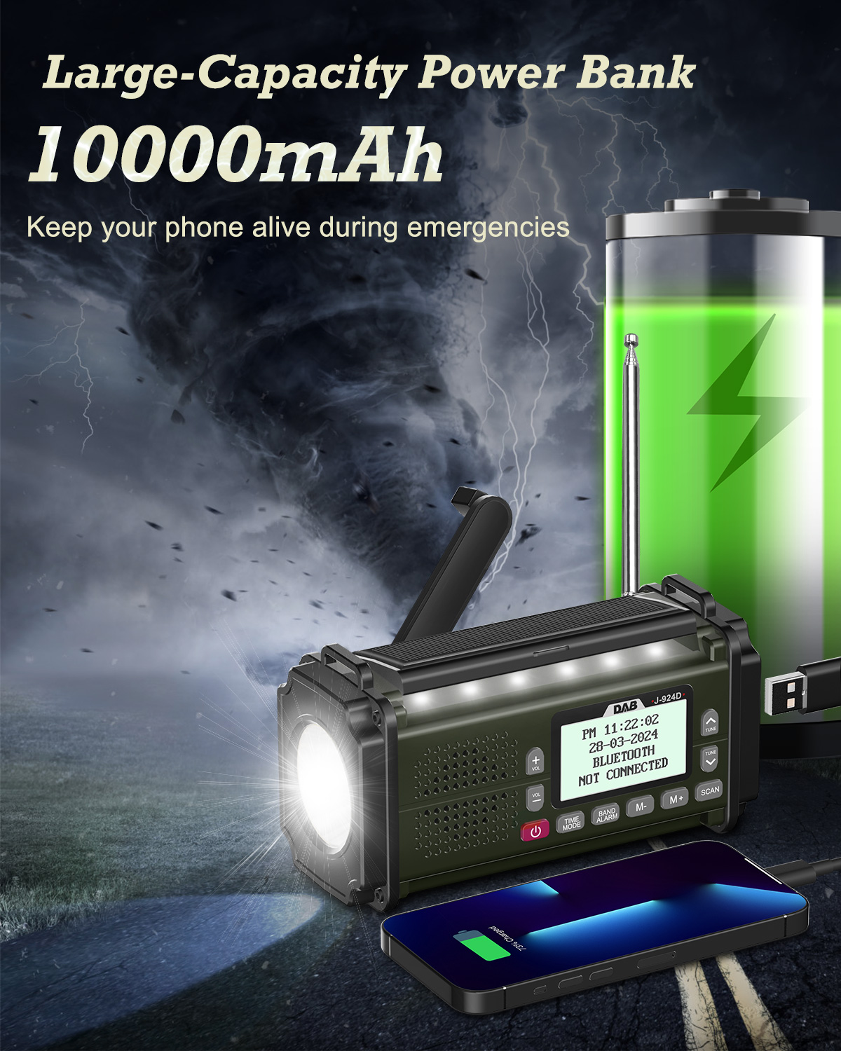 Radio DAB+ Głośnik FM Bluetooth 10000mAh PowerBan Radio awaryjne Przenośny odbiornik radiowy na energię słoneczną Korba ręczna USB-C Dioda LED ładowania