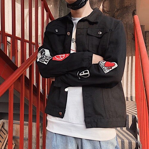 Jakker mænd denim cargo basic ensfarvet korte pullovere streetwear harajuku japansk afslappet outwear herre bombercoats løs: Sort 8 / Xxxl