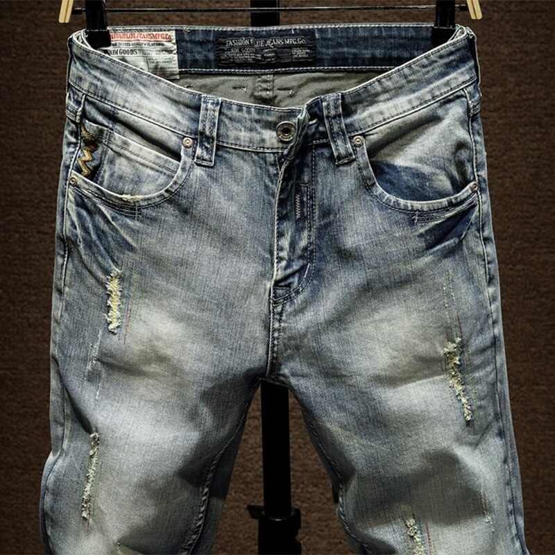 Skinny jeans herre lyseblå stretch ripped biker jeans bukser mand nødstedte herre jeans slim fit afslappet denim bukser drenge bukser