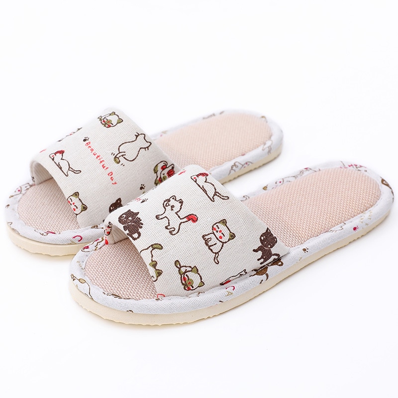 1 Paar Linnen Katoen Vrouwen Slippers Cartoon Bloemen Bedrukte Thuis Gast Indoor Slippers Foam Onderkant Flip Flop Schoenen Hotel Slippers