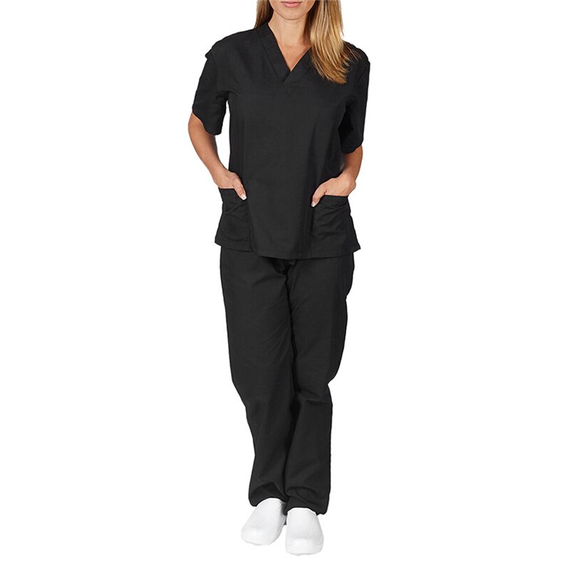 Vrouwen Mannen Werkkleding Korte Mouwen V-hals Tops + Broek Verpleging Werken Uniform Pak Scrub Uniform Overalls Kleding: black / L