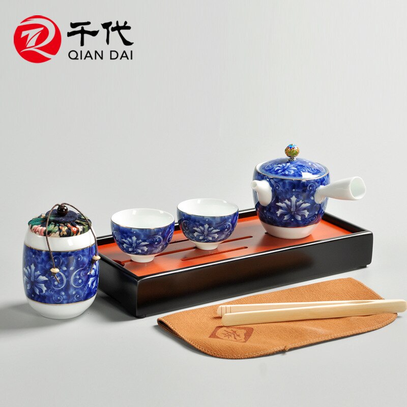 Chinese ceramic tea set storage combination blue color icing on the cake travel tea set set blue and white kung fu tea set holid: BambooRound Piao Set