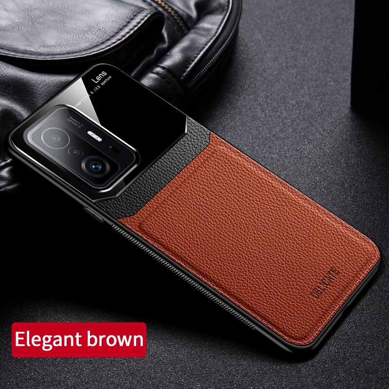 KEYSION Fall für Xiaomi Mi 11T Pro 5G PU Leder Gehärtetem Glas Stoßfest Telefon Zurück Abdeckung für xiaomi Mi 11T 5G: for Mi 11T Pro / Brown