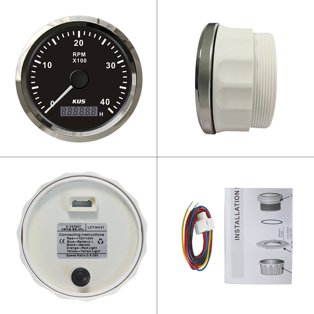 KUS Universal Tachometer RPM Gauge with Hour Meter 3000RPM 4000RPM 6000RPM 8000RPM with Red Yellow Backlight 9-32V 85mm