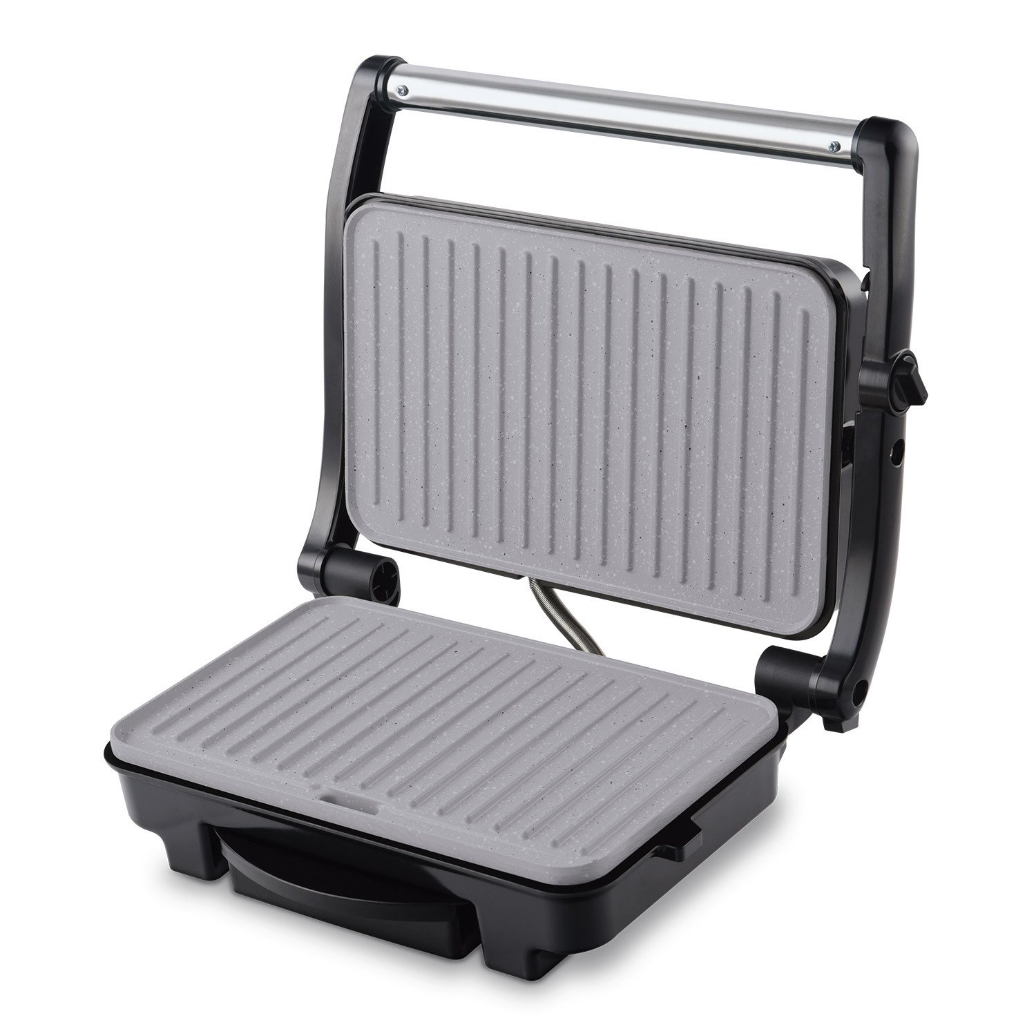 IKOHS Parrilla Plancha PRO Sandwich Maker Grills Asado Eléctrica 1500W Color Plata Metal Tapa Flotante Antiadherente Termostato Regulable Facilita Limpieza Base Antideslizante Grasa Bandeja 105º abierto