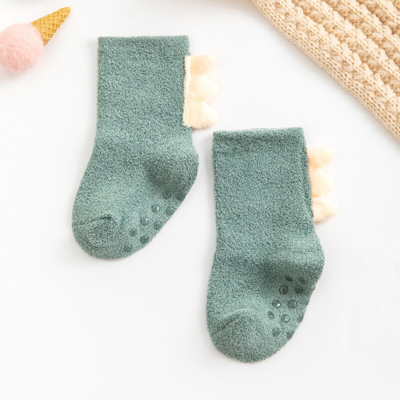 Winter Warm Coral Fleece Baby Socks Soft Thicken Terry Toddler Socks Cute Cartoon Dinosaur Infant Non-slip Floor Sock Boys Girls: Green / L 3-5years old