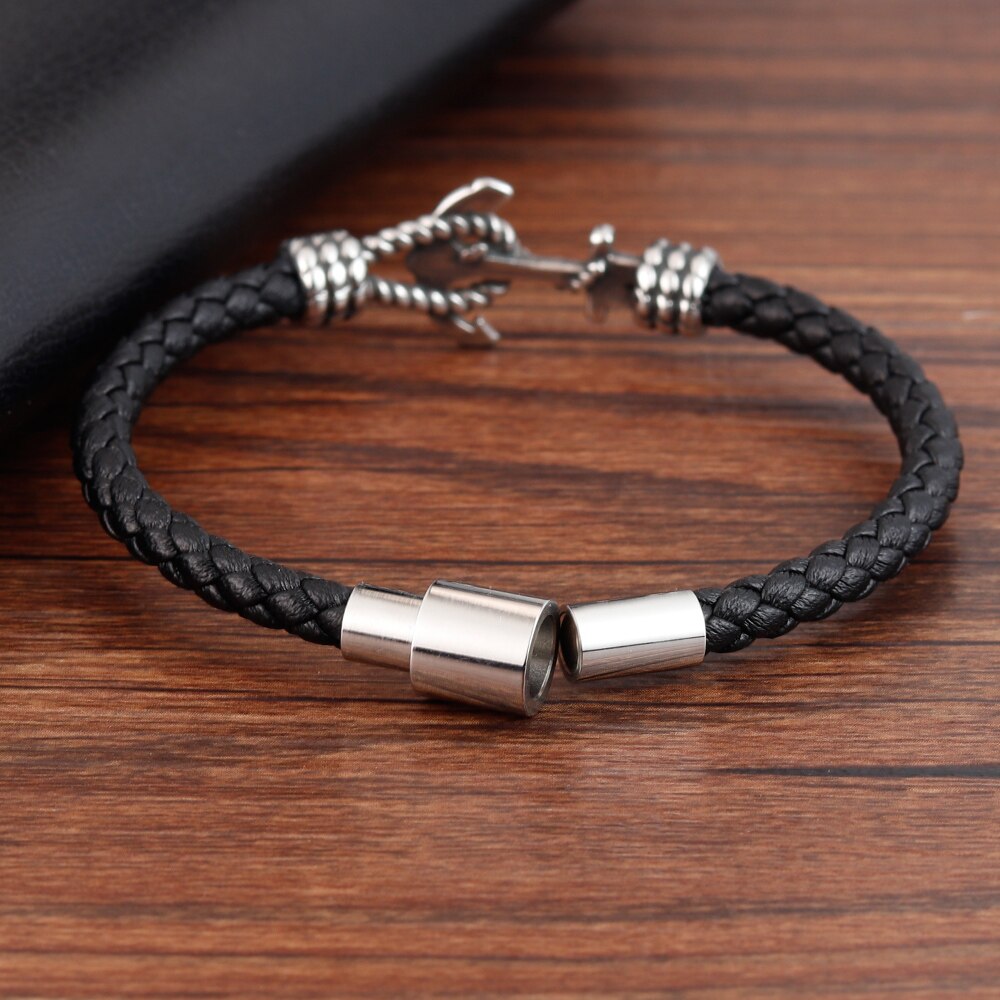 hommes bijoux Bracelet en cuir noir en acier inoxydable magnétique Simple boucle tissage modèle bracelets