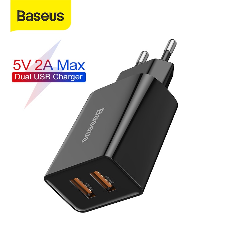 Baseus 5V 2A Max Usb Charger Eu Dual Usb-poorten Telefoon Oplader Mini Snelle Lader Draagbare Reislader voor Telefoon
