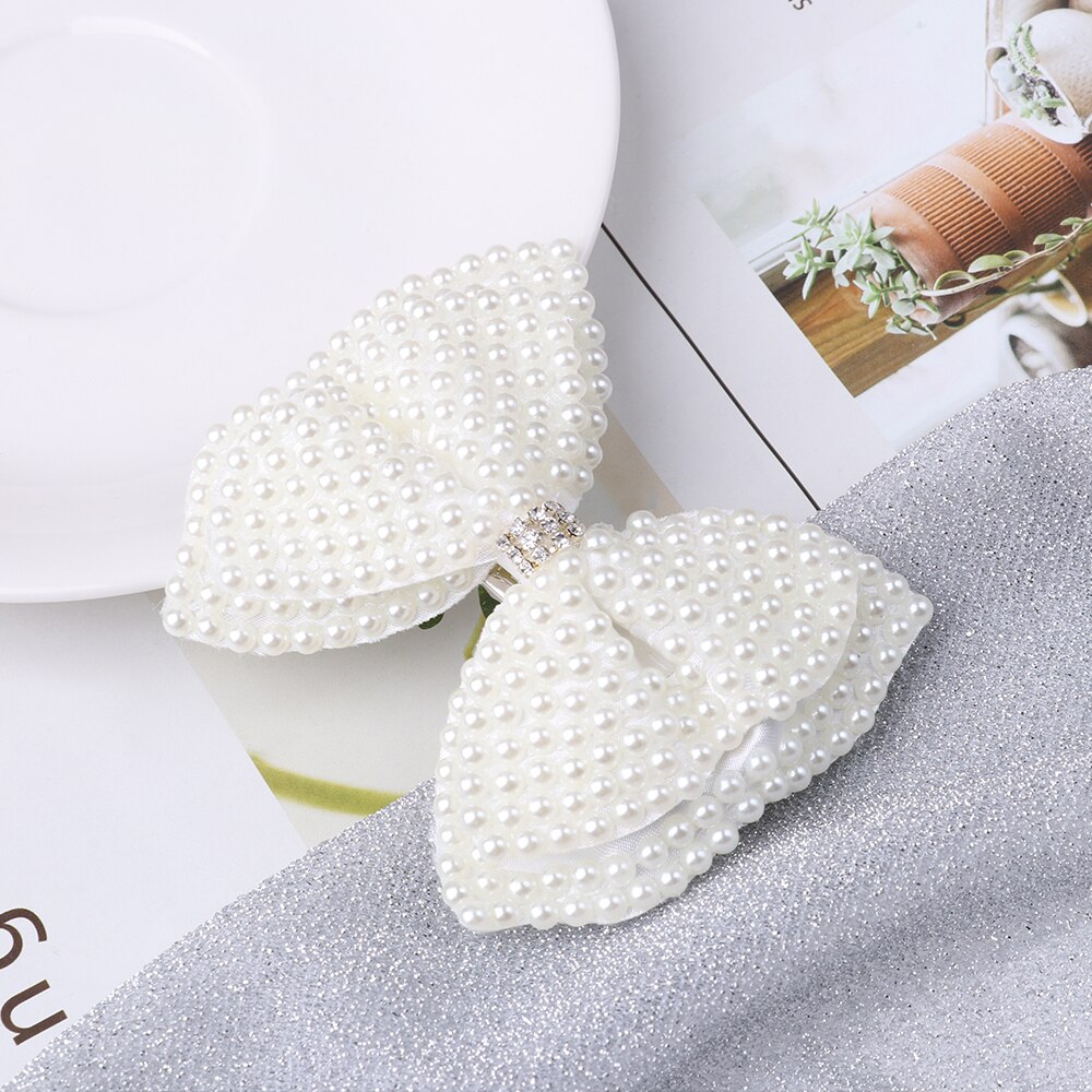 Pince à cheveux perle blanche pour filles | 1 pièce, avec couches de Boutique en strass, nœuds centraux, épingles à cheveux, accessoires pour cheveux