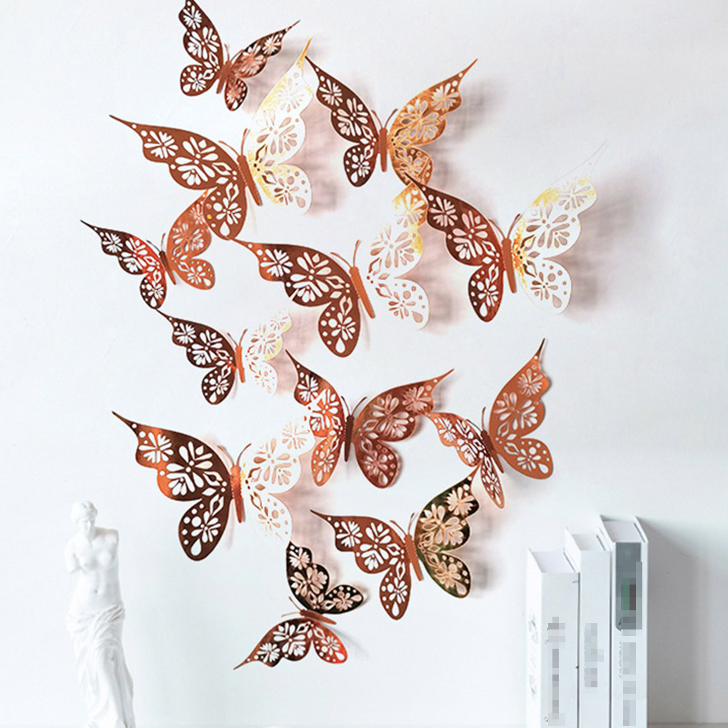 Autocollant Mural papillon 3D en papier ajouré doré, 12 pièces/ensemble, pour fête de , fenêtre de Shopping, décoration de maison, pour chambre d'enfants