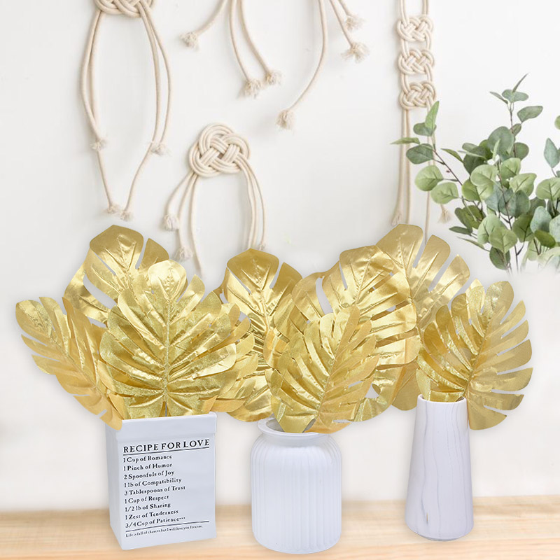 5/10 stk guld kunstige tropiske monstera blade silke palme plante til hawaii temafest hjemmehave dekoration tilbehør