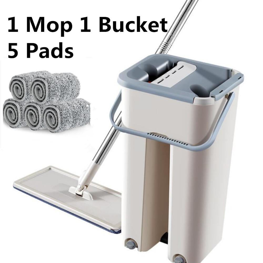Flat Squeeze Mop and Bucket Hand Free Wringing Floor Cleaning Mop Microfiber Mop Pads Wet or Dry Usage on Hardwood Laminate Tile: 1 Mop 5 Pads