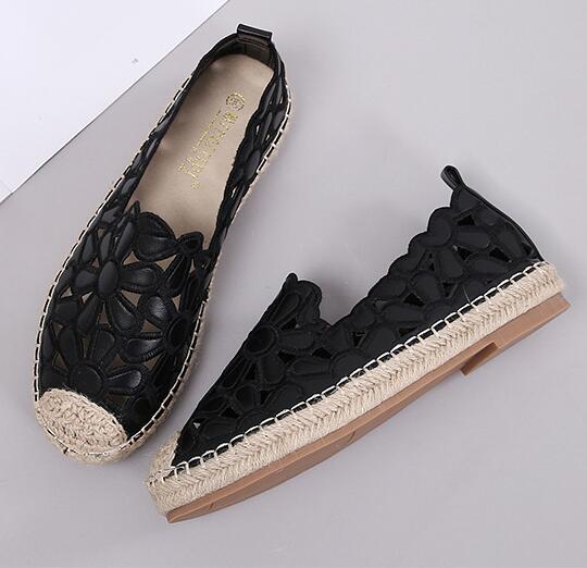 Holle bloem riet geweven vissersschoenen dames flats ondiepe naaien enkele schoenen herfst lui ademend instap antislip loafers: Zwart / 8.5