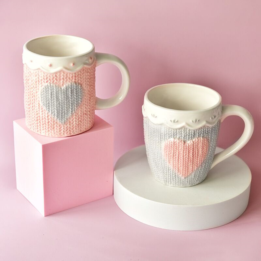 Cute Pink Mug Ceramic heart-shaped Coffee Cup with Lid Home Couple Milk Breakfast Cup Water Cup