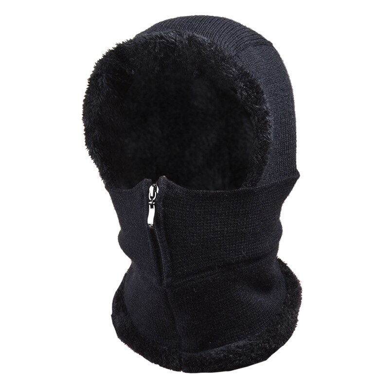 Winter Girl Knitted Hat Fleece Hood Thermal Face Cover with Zip Hat Vogue Neck Warmer Ski Riding Snow Cap Beanie Outdoor: Black
