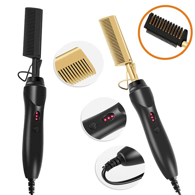 2 en 1 peigne chauffant noir défriser les cheveux multifonctionnel électrique fers plats lisseur brosse peigne cheveux humides et secs