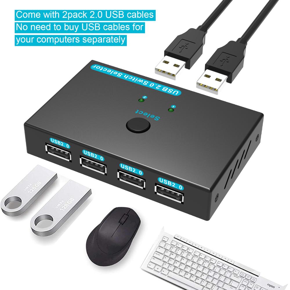 Usb Switch Selector Kvm Switch Switcher 2 Pcs Sharing 4 Usb 2.0 Apparaten Met Een Knop Swapping En 2 pack Usb A Naar Een Kabel