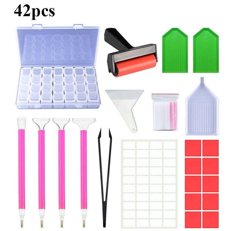 42pcs 5D Diamond Painting Tools Kits Diamond Embroidery Accessories Sets Roller Pen Clay Tray Stylo Sticker Storage Box Set: Default Title