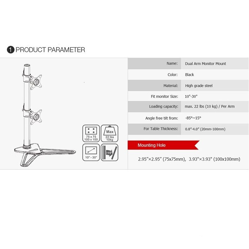 Desktop Dual Computer Monitor Mount Freely Stand Vertical Array for Two Screens Fit for 10"-30" Max Support 10KG Per Arm