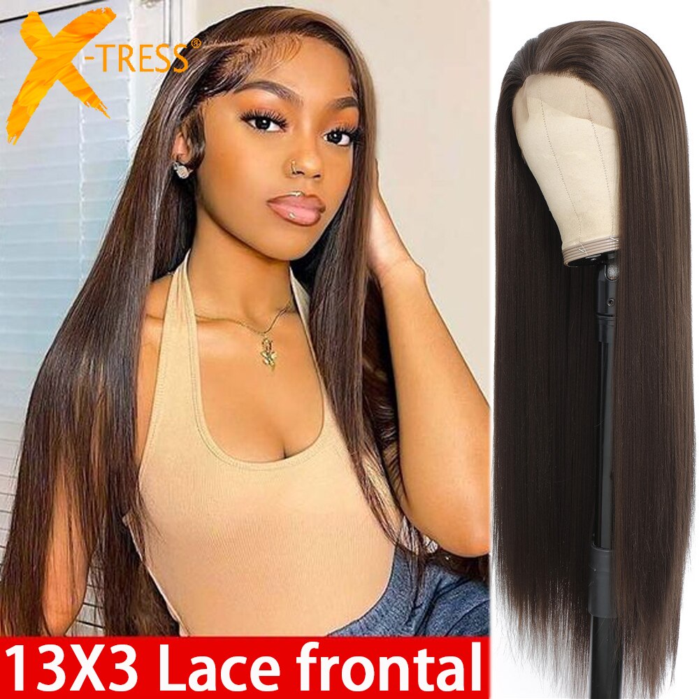 X-TRESS 13X3 Lace Front Synthetic Wigs For Women Black Colored Free Part Long Straight Soft Natural Daily Hair Wig 150% Density