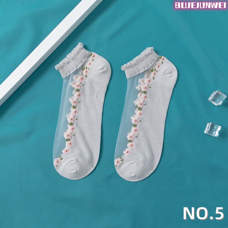 5 paires de chaussettes pour femmes, été, motif floral, chaussettes en soie, cristal, douces, en coton, respirantes, à la cheville: 5