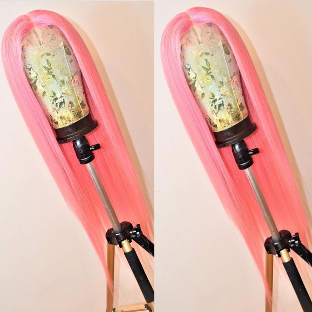 DLME perruque longue droite rose couleur de cheveux perruques de dentelle synthétique sans colle bébé cheveux avant de lacet perruques pour les femmes