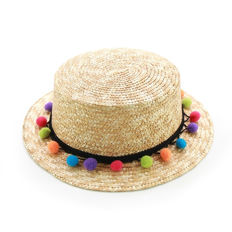 Crianças & adulto bonito borla pompons chapéu de palha meninas chapéu de praia com corda elástica plana topo feminino verão chapéu de sol atacado: 02 / S