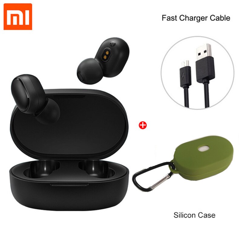 Xiaomi Redmi Airdots TWS Wireless Earphone Handsfree Earbuds Voice Control Bluetooth 5.0 Noise Reduction Tap AI Control: Global dkgreen case