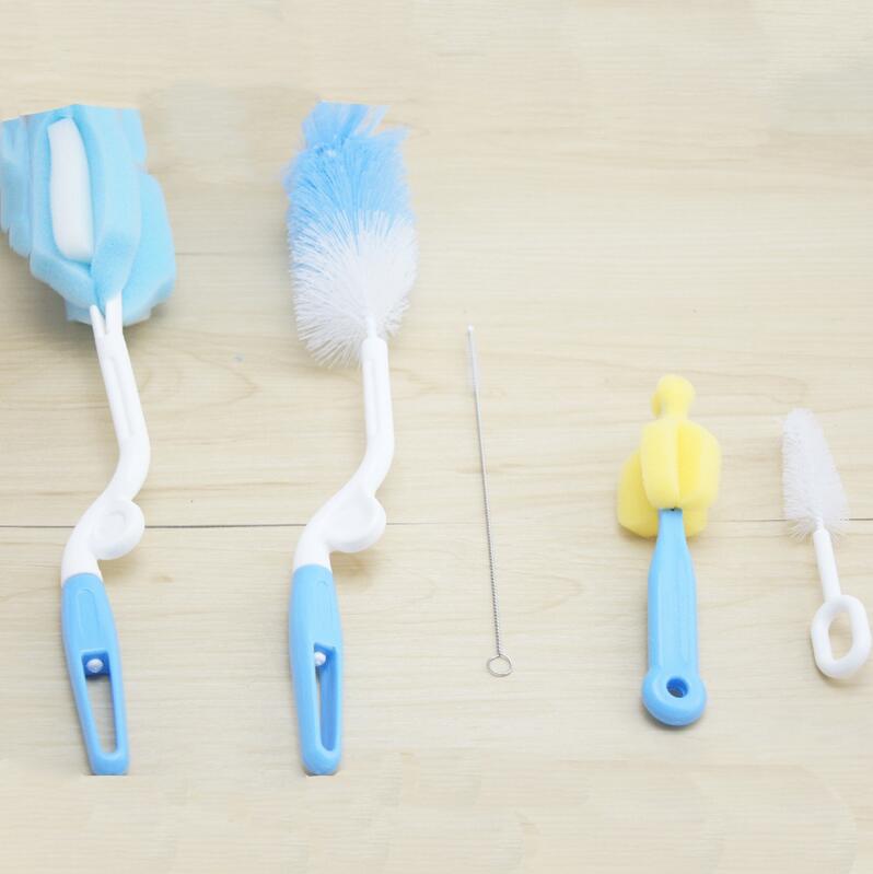 Escova para garrafa 360 graus, esponja garrafa escova de mamilos canudo criança multifuncional bico de esponja tubo de limpeza: 5 PC Lot Blue