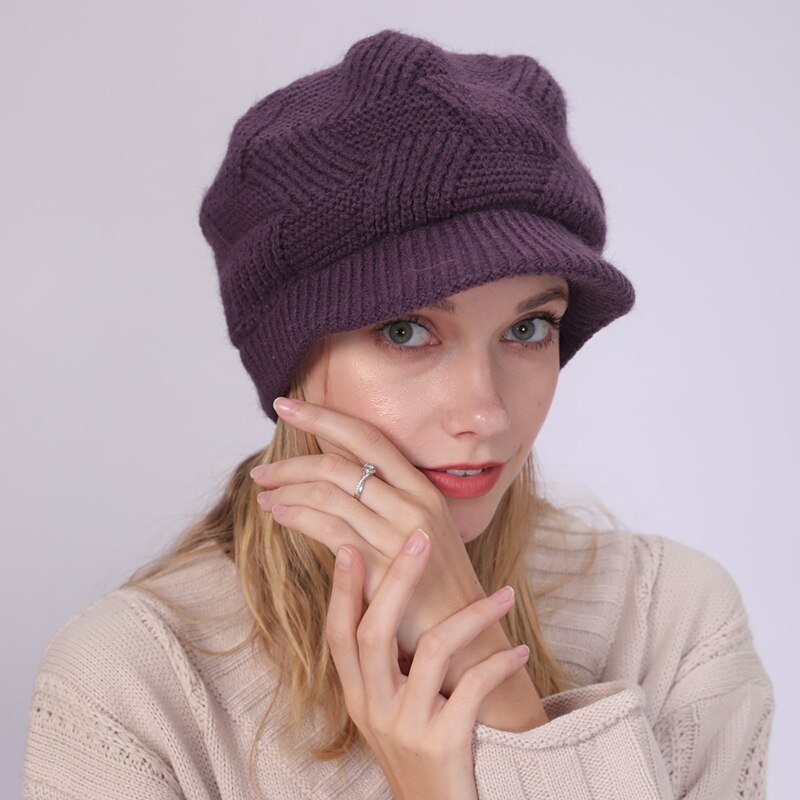 Women Winter Crochet Pure Color Hat Cap Velvet Faux Rabbit Fur Knitted Hat Brim Beret Cap Headwear For Women Girls
