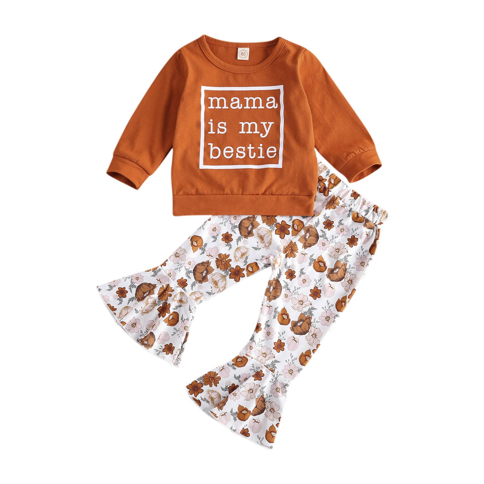 Traje de pantalón de manga larga para niña, camiseta de cuello redondo con estampado de letras únicas y pantalones elásticos florales de trompeta: 6 meses