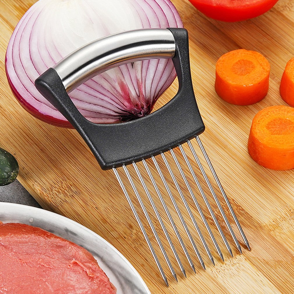 Kitchen Cutting Tool Onion Cutting Holder Stainless Steel Onion Cutter Chop Fruit Vegetables Cutter Slicer Tomato Cutter Knife