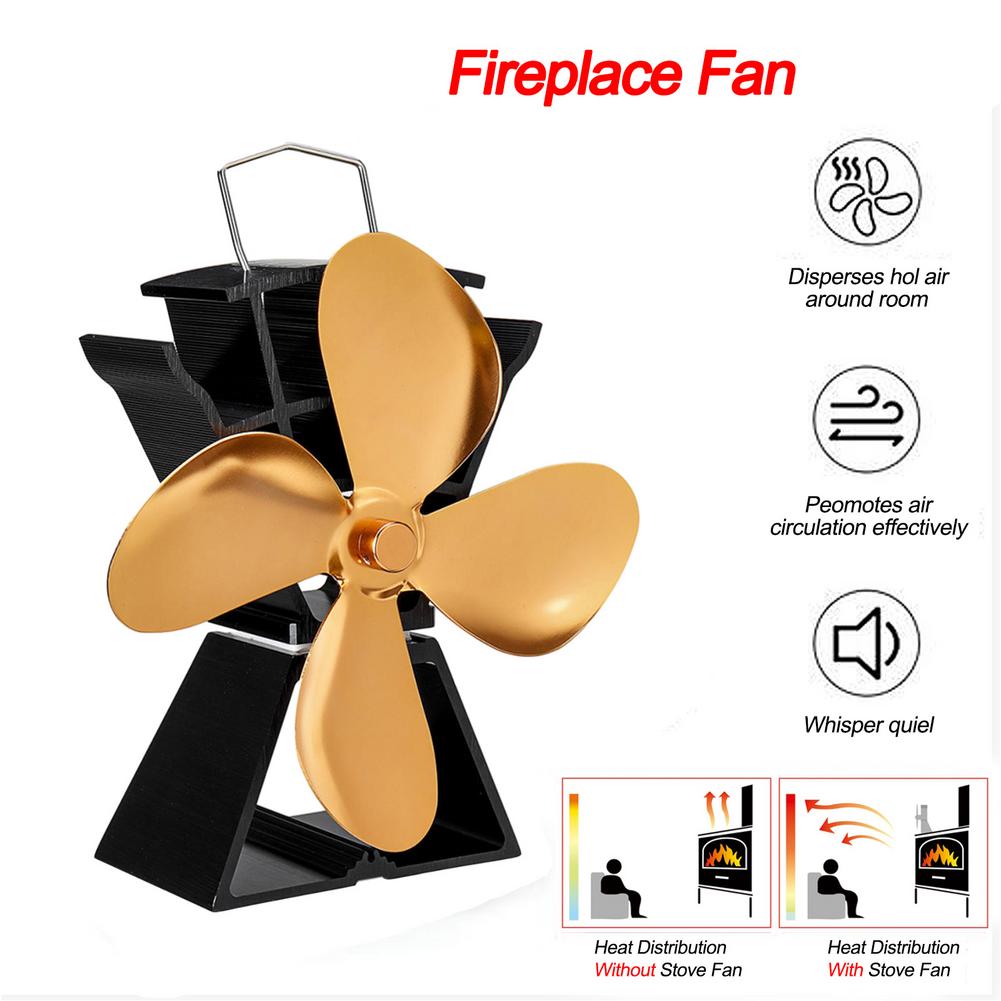 4 Blade Stove Fan - Quiet, Heat Powered Wood/Log Burner Fan - Eco Friendly Heat Circulation for Fireplaces Golden