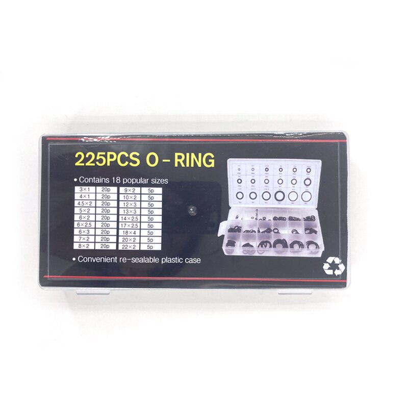 225 Stks/partij Zwart Rubber O Ring Assortiment Washer Pakking Afdichting O-Ring Kit 18 Maten Met Plastic Doos Rubber plug Silicon Ring
