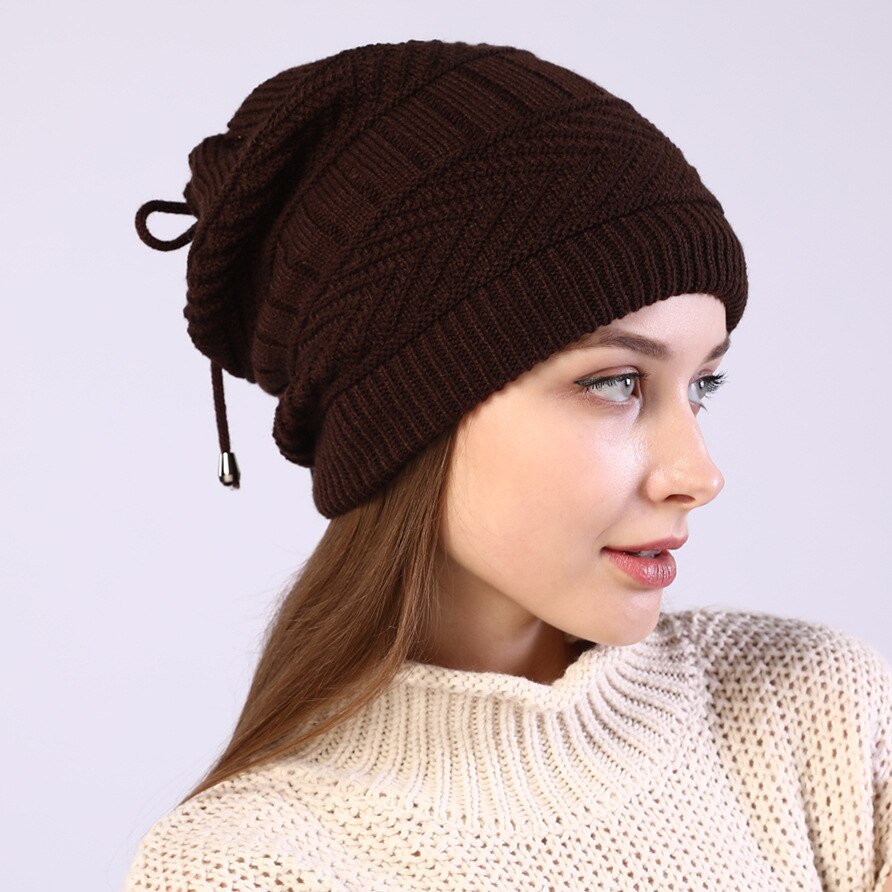 Gorro de punto elástico para mujer, bufanda de redecilla lisa, cálido, para Otoño e Invierno: Coffee
