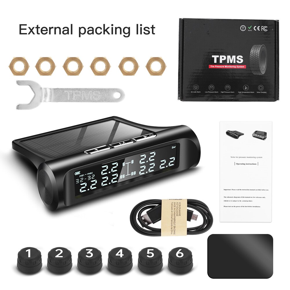 Tpms lastbil 6 dæk 6 stk ekstern sensor høj temperatur alarm dæktryk overvågningssystem dækmåler digital eksplosionssikker: Til lastbil
