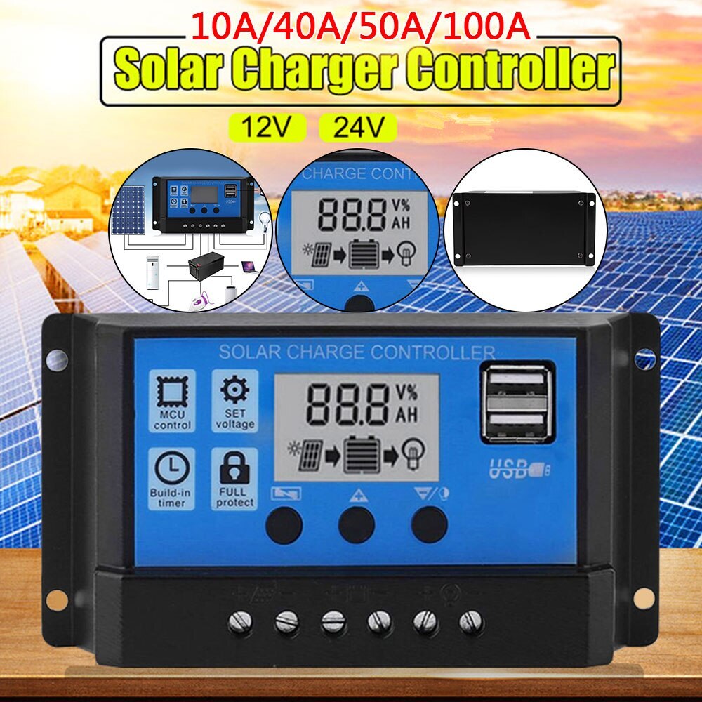 10A-100A LCD PWM Solar Panel Regulator Charge Controller 12V/24V Auto Focus Tracking 2 USB Solar Energy Inverters Solar Charge