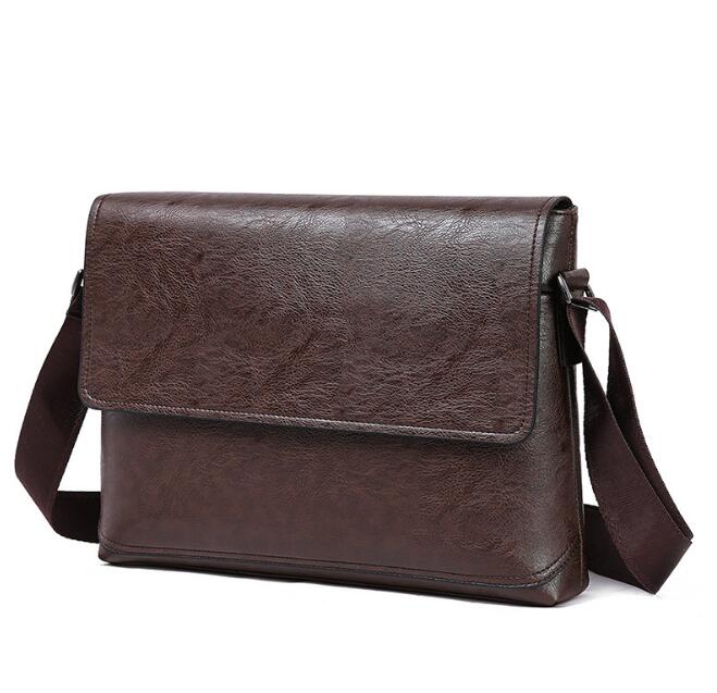 Mænds lædertaske business casual pu enkelt skulder diagonal taske multifunktionel ensfarvet dokumentmappe: Brun