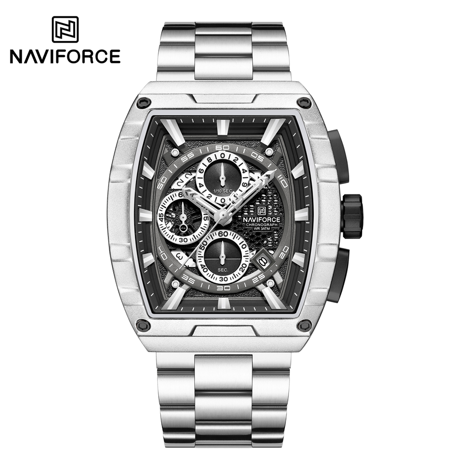 NAVIFORCE zegarek kwarcowy dla mężczyzn moda wodoodporny świecący chronograf zegarek Auto data pasek ze stali nierdzewnej zegar prezent: Kawy