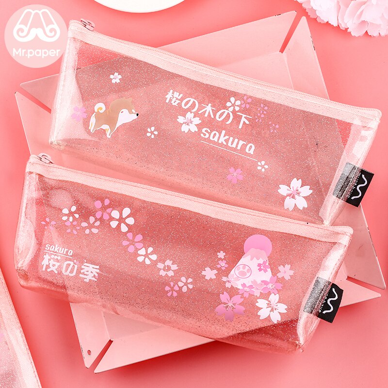 Mr.Paper 4 Designs Pink Cherry Blossom Shiba Inu Transparent Pencil Bags School Case Student Large Size Pencil Bags
