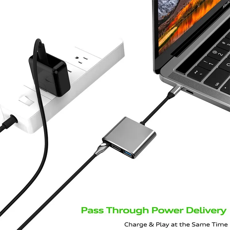 USB C HUB 3 en 1 tipo C 3,0 a estación de acoplamiento compatible con HDMI PD carga rápida 4K HDMI adaptador divisor para MacBook teléfono ordenador