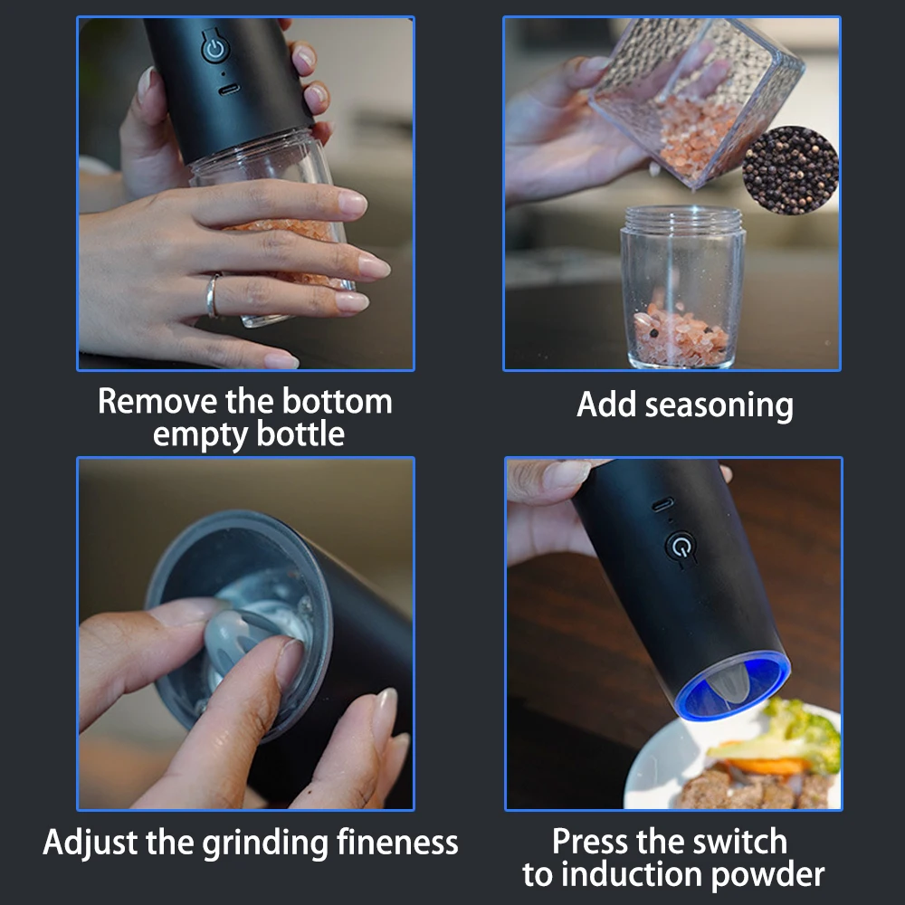 1/2Pcs Electric Pepper Grinder Salt And Pepper Grinder USB Rechargeable Adjustable Coarseness Spice Mill LED Light And bracket